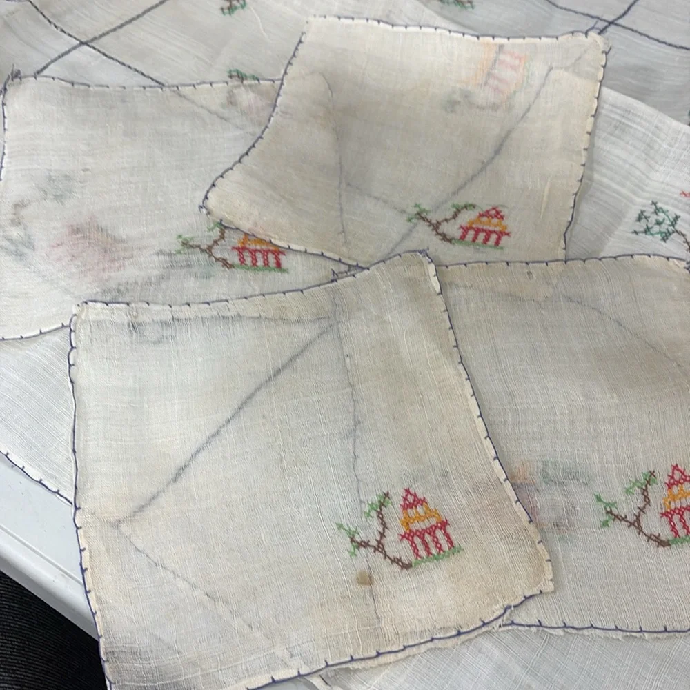 Cross Stitched White Japanese Themed tablecloth